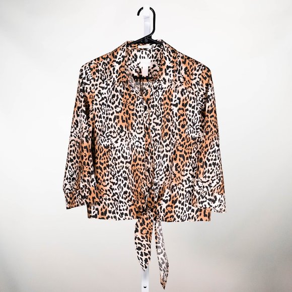 Chico's Womens Shirt Button Up Animal Cheetah Print Tie Waist Crop Top 0 US S/4 - Picture 1 of 9